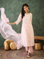 The52 Baby pink Women's Gorgeous Cotton Blend Fabric Thread Work Straight Kurta, Pant and Dupatta Set | Grocsy