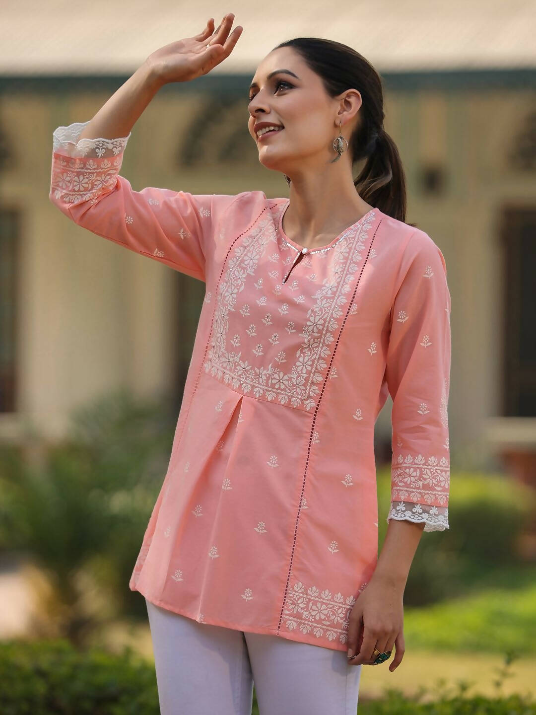 Juniper Women's Peach Cambric Floral Printed Tunic | Grocsy