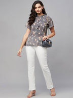 Myshka Grey Printed Half Sleeve Round Neck Top | Grocsy