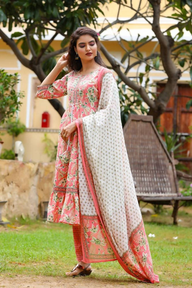Yufta Pink Printed Tiered Kurta with Trouser and Dupatta | Grocsy