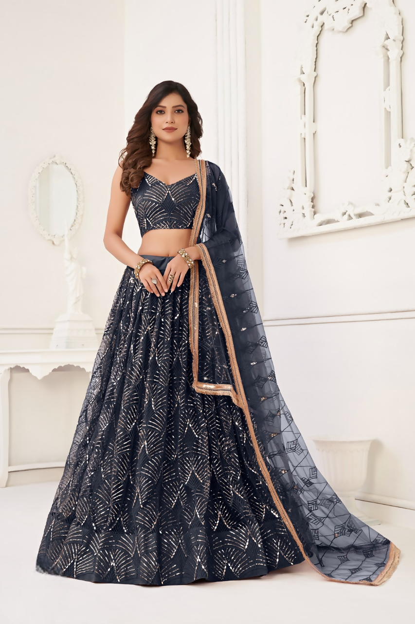Eilara Glamorous Black Net With Sequins And Thread Embroidery Real Mirror Work Lehenga Choli For Wedding | Grocsy