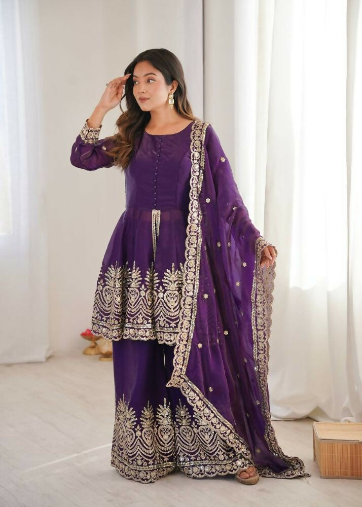 Teeya Creation Purple Color Fendy Satin Silk Embroidery Work party Wear Salwar Suit | Grocsy