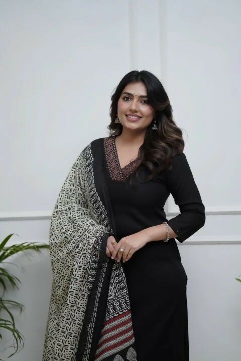 The52 Black Women's Gorgeous Parampara Fabric Embroidered Work Straight Kurta Palazzo and Dupatta Set | Grocsy