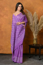 Very Much Indian Handblock Printed Cotton Saree With Natural Dyes - Purple | Grocsy