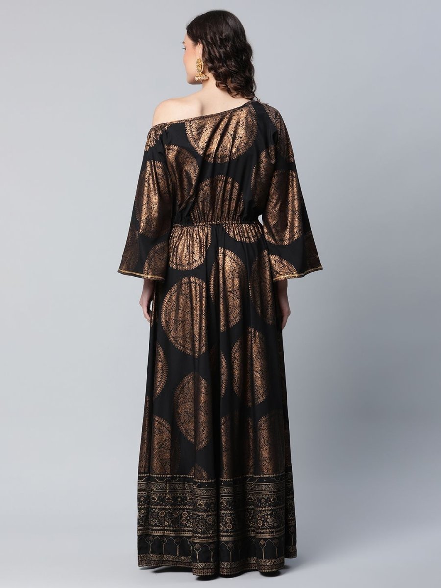 Ahalyaa Womens Black Crepe Copper Foil Printed Maxi Dress | Grocsy