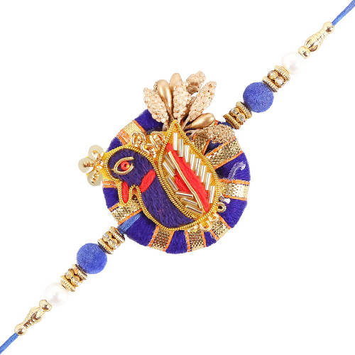 Blue Peacock Zardosi Rakhi & Kaju Katli Box | Grocsy