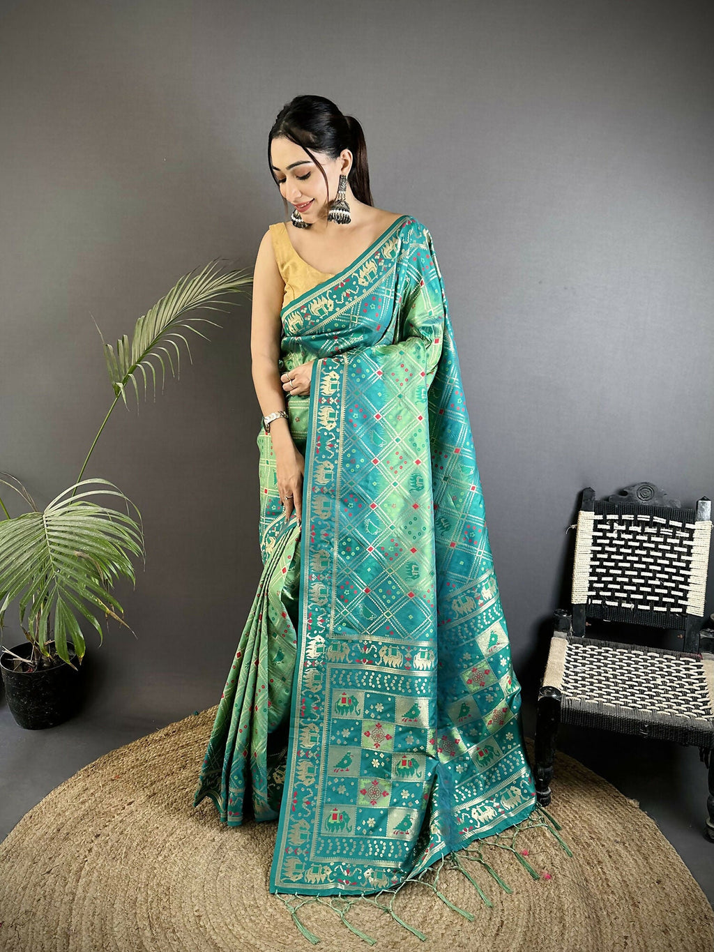 Joban Fashion Turquoise Geometric Pattern Soft Silk Patola Saree | Grocsy