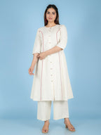 Aramya Cream Linen Cotton Solid A-line Kurta for Women | Grocsy