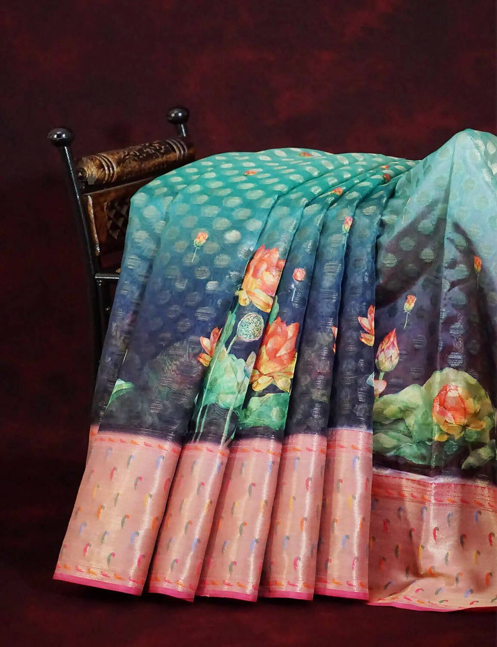 Green and Pink Banaras Border Floral Design Banarasi Semi Silk Saree By Gayathri Reddy Designer Studio | Grocsy