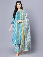 Myshka Women Blue Ethnic Motifs Printed Kurta with Trousers With Dupatta | Grocsy