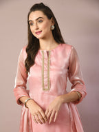 Myshka Women's Pink Solid Straight Party Kurta Set With Dupatta | Grocsy