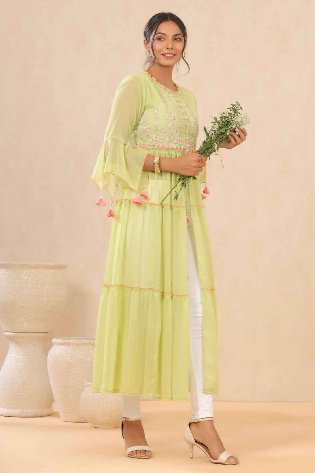 Juniper Women Green Chiffon Embroidered Tiered Kurta | Grocsy