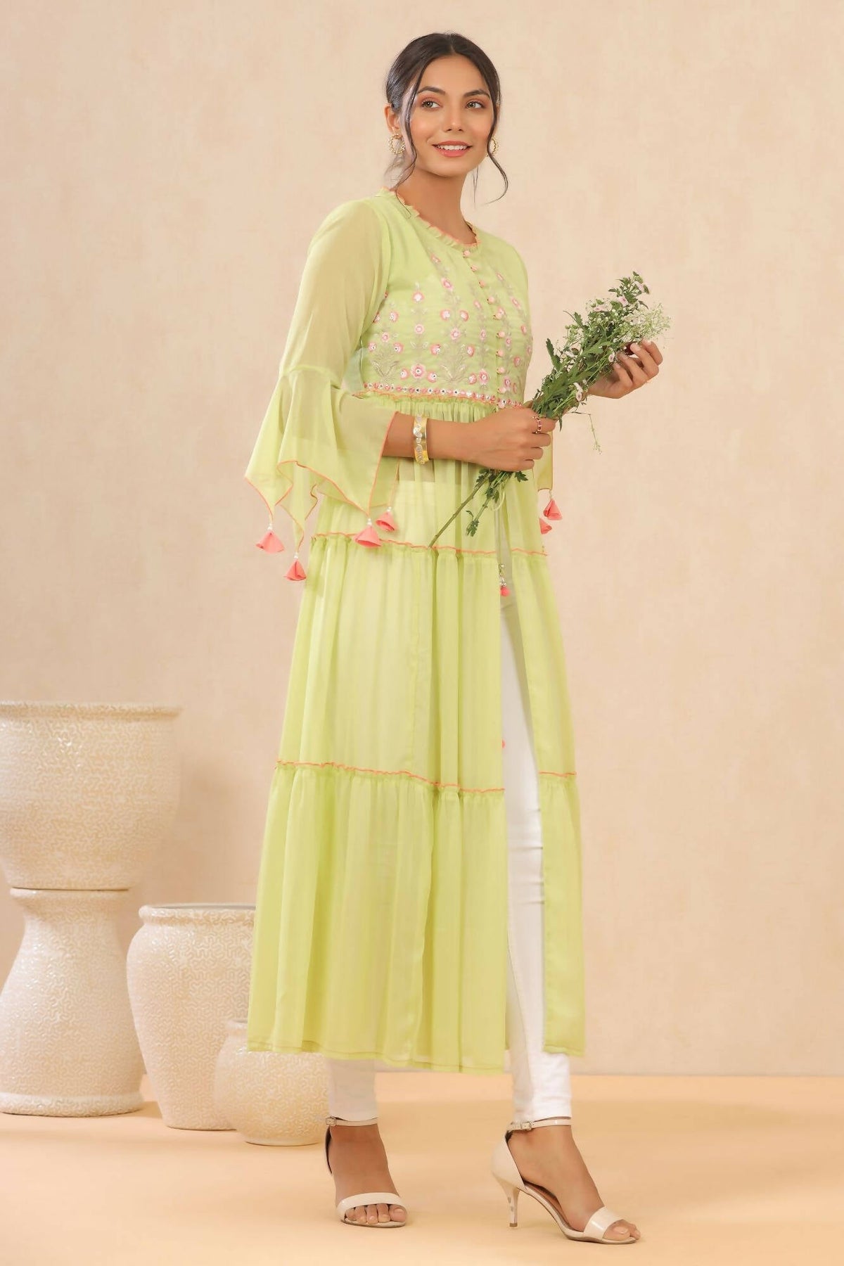 Juniper Women Green Chiffon Embroidered Tiered Kurta | Grocsy