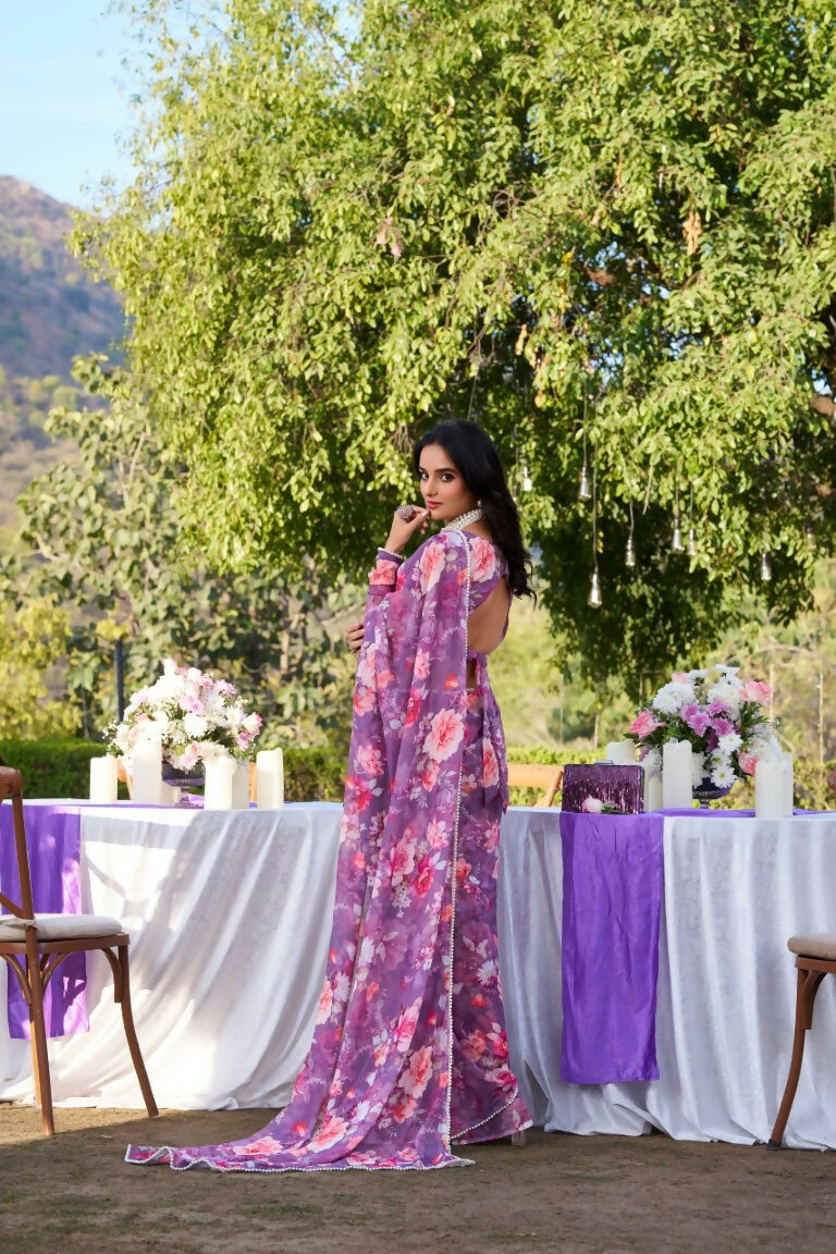 Vastranavya Onion Weightless Marble Printed & Pearl Lace Border Saree with Unstitched Blouse | Grocsy