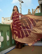 Delightful Designer Maroon Color Organza Silk Saree With Weaving Work - Yomika Fashions | Grocsy