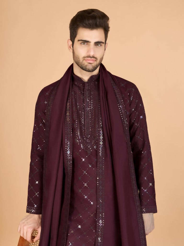 Vastranavya Maroon Exclusive Festival Wear Viscose Silk Thread & Sequence Embroidered Work Kurta with Dupatta | Grocsy