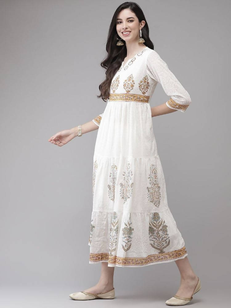 Yufta White Ethnic Printed Flared Dress | Grocsy