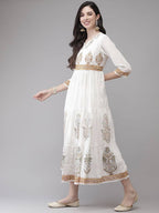 Yufta White Ethnic Printed Flared Dress | Grocsy