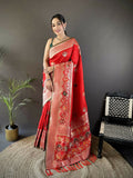 Joban Fashion Red Elephant & Floral Motifs Soft Lichi Silk Banarasi Saree | Grocsy