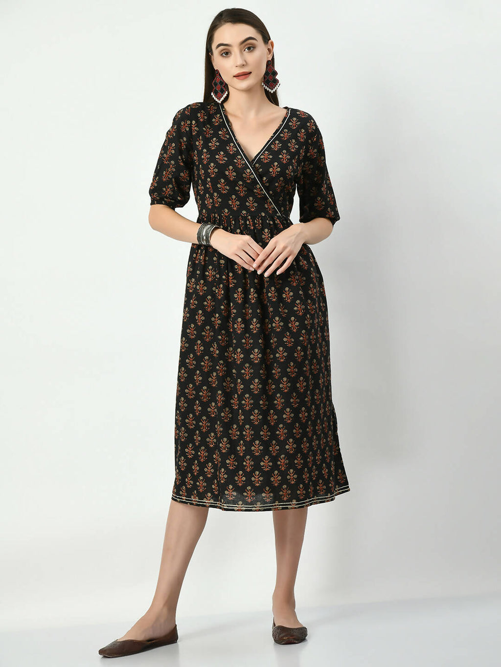 Myshka Women's Black Empire Printed Dress | Grocsy