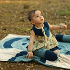Mhyssa Blue And Beige A line Sleeveless Printed Dress And Skirt With Lining Set | Grocsy
