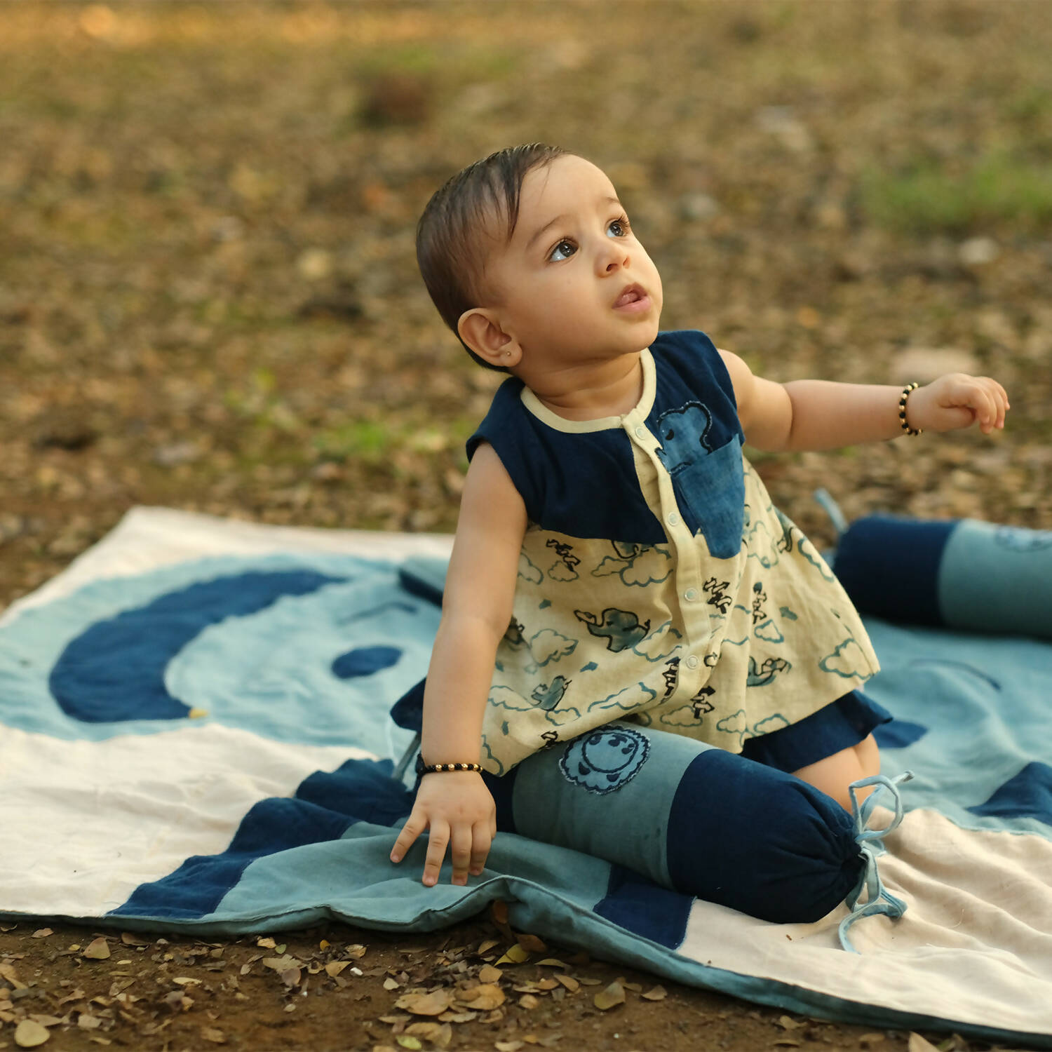 Mhyssa Blue And Beige A line Sleeveless Printed Dress And Skirt With Lining Set | Grocsy
