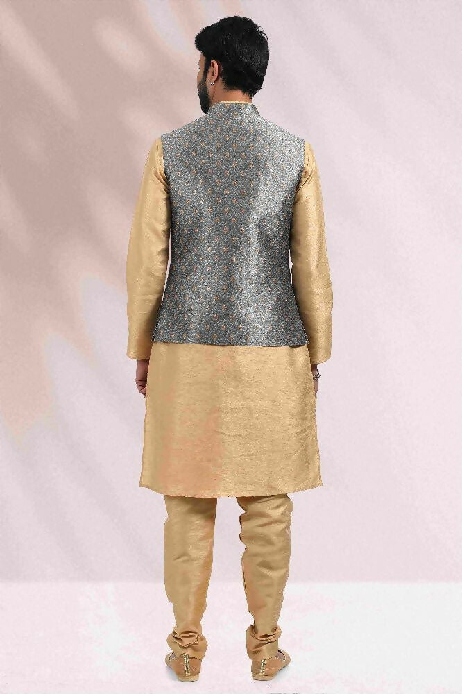 Raivat Ethnic Jacquard Banarasi Silk Woven Work 3 Pics Jacket Set In Grey Colour | Grocsy