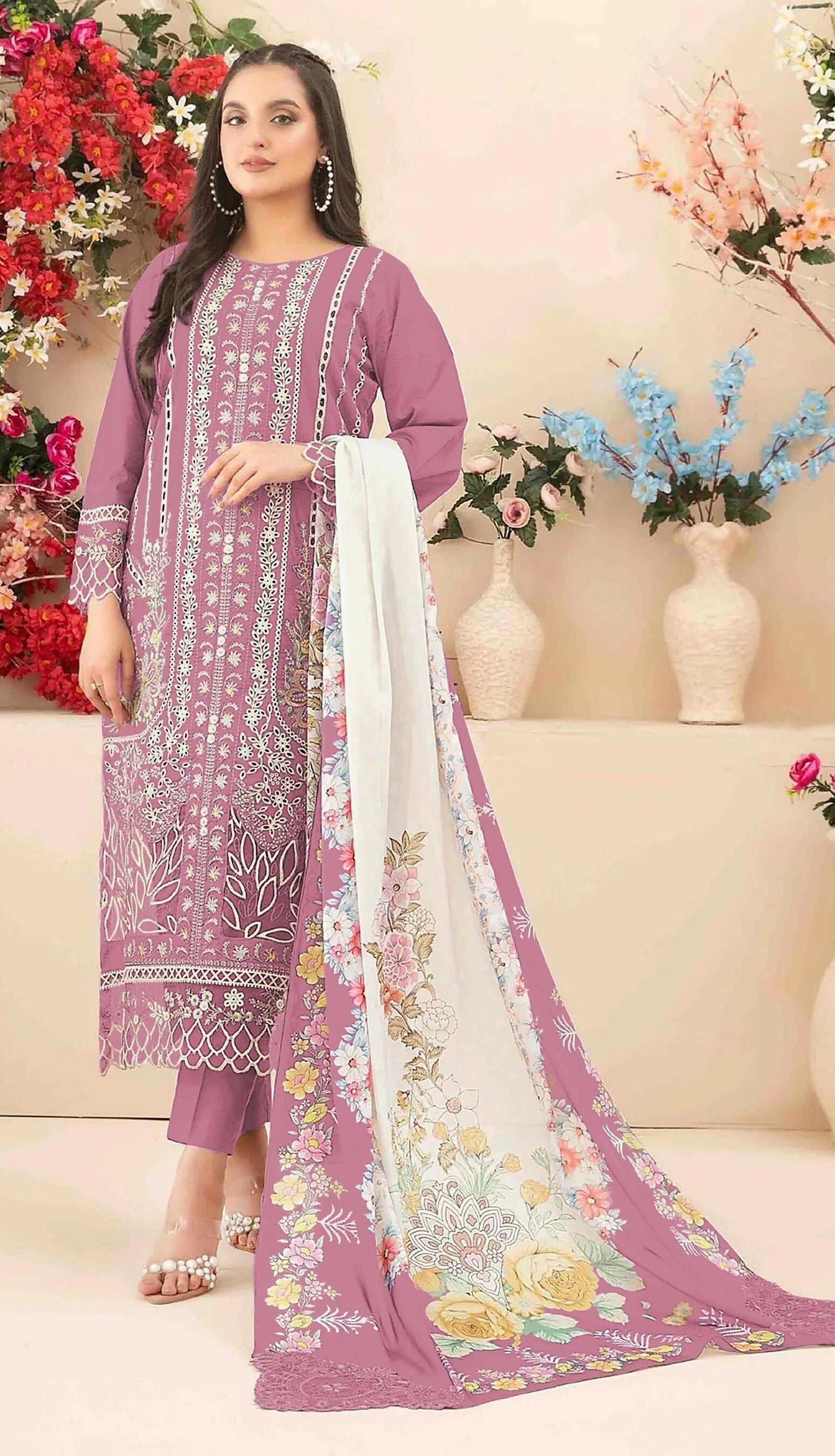 Anaita Pink Cambric Cotton Suit with Embroidery & Khatli Work | Grocsy