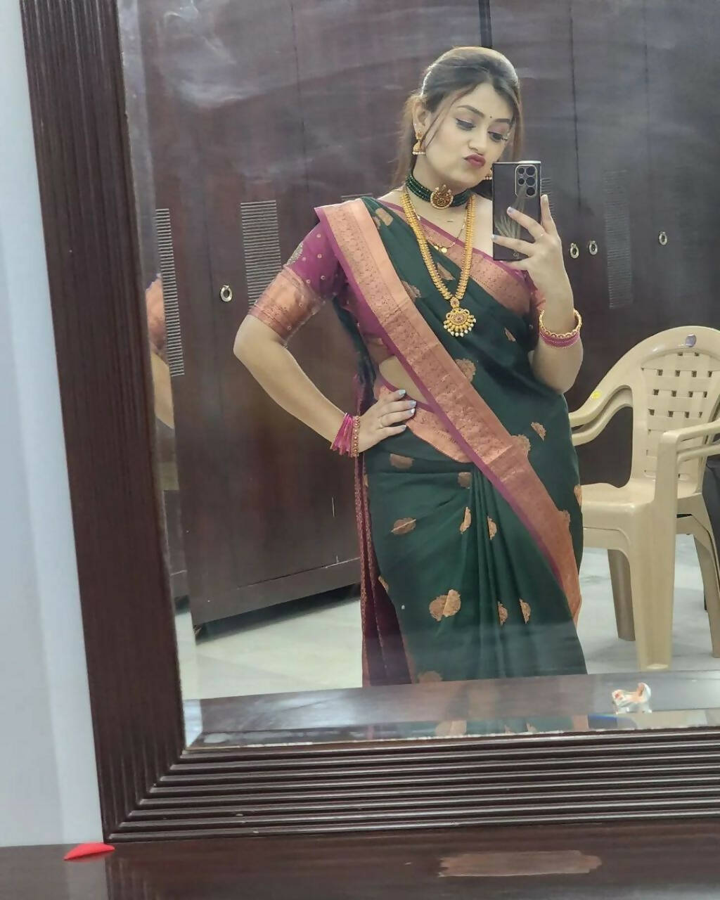 DEIANA'S Beautiful Designer Golden zari Soft Lichi Silk Saree - Green | Grocsy