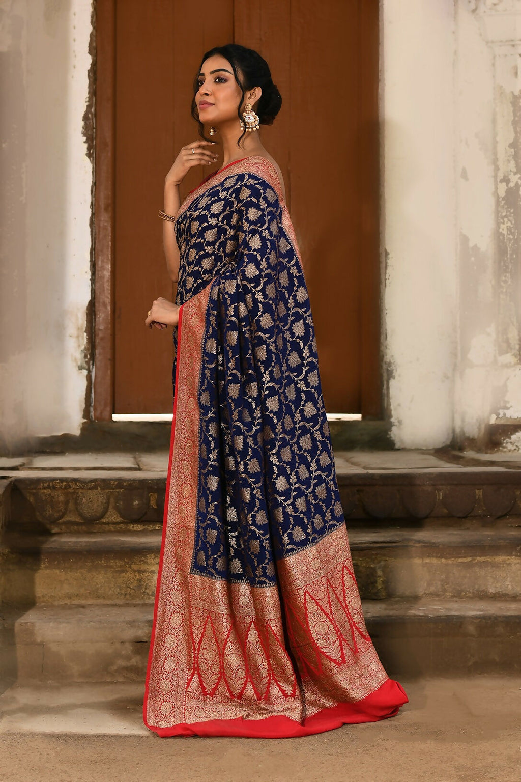 Joban Fashion Navy Blue Crepe Chiffon Pure Handloom Banarasi Silk Saree | Grocsy