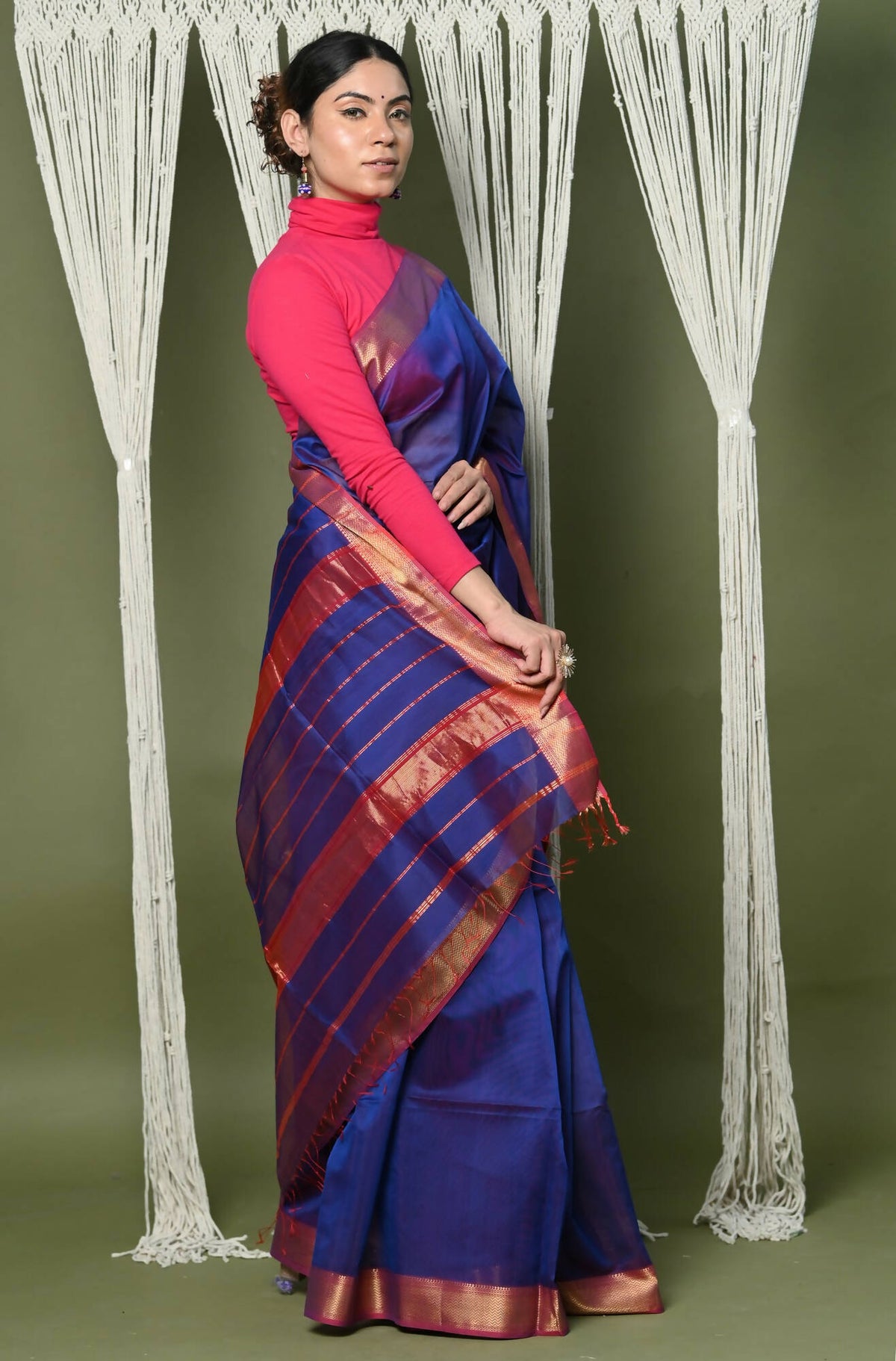 Very Much Indian Handloom Cotton Silk Maheshwari Saree With Sleek Golden Border - Dark Blue | Grocsy