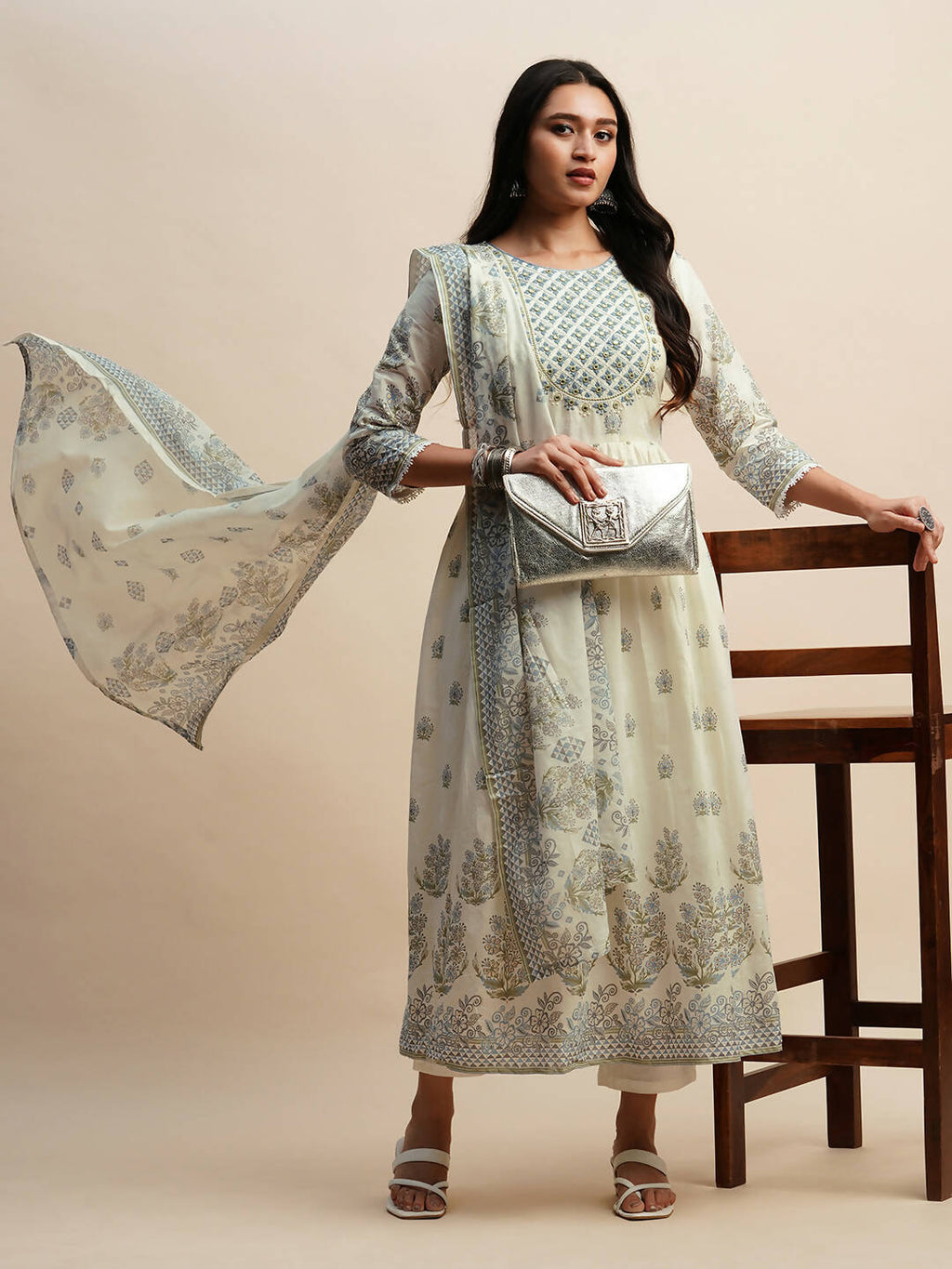 White And Blue Pure Cotton Floral Printed Anarkali Kurta And Bottom With Dupatta - Akashara | Grocsy
