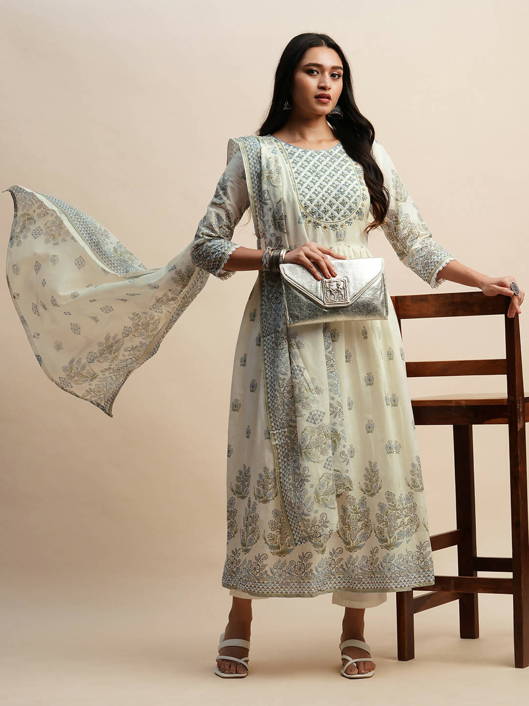 White And Blue Pure Cotton Floral Printed Anarkali Kurta And Bottom With Dupatta - Akashara | Grocsy