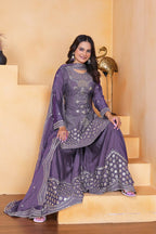Teeya Creation Lavender Chinon Embroidery Work Party Wear Palazzo Suit | Grocsy