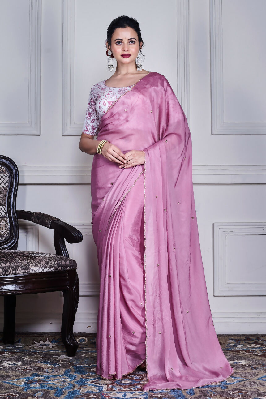 Morchari Purple Chiffon Hand Embroidery Saree And Stitched Blouse | Grocsy