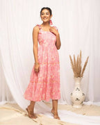 FIORRA Women's Peach Cotton Floral Printed Western Dress | Grocsy