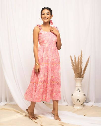 FIORRA Women's Peach Cotton Floral Printed Western Dress | Grocsy