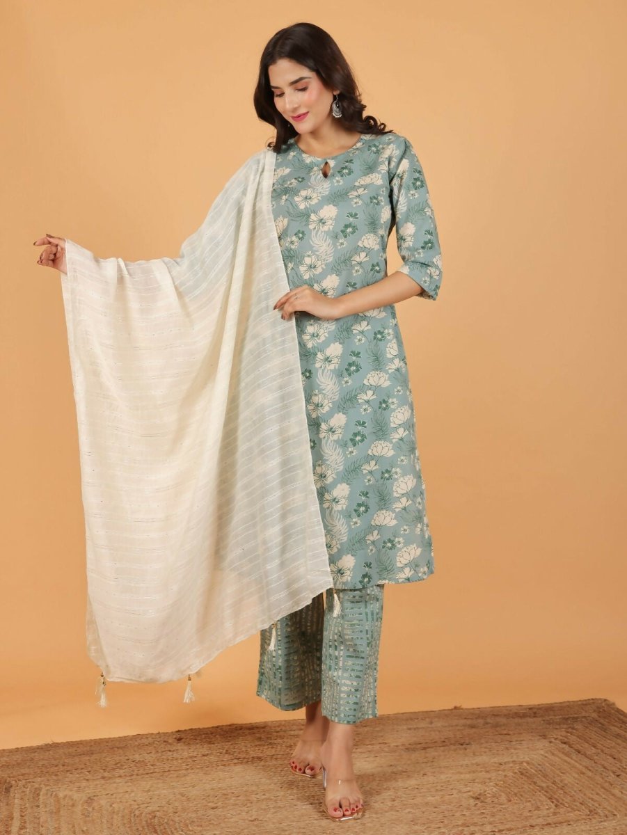 Aramya Straight Soft Cotton Floral Print Women's Kurta Set - Green | Grocsy