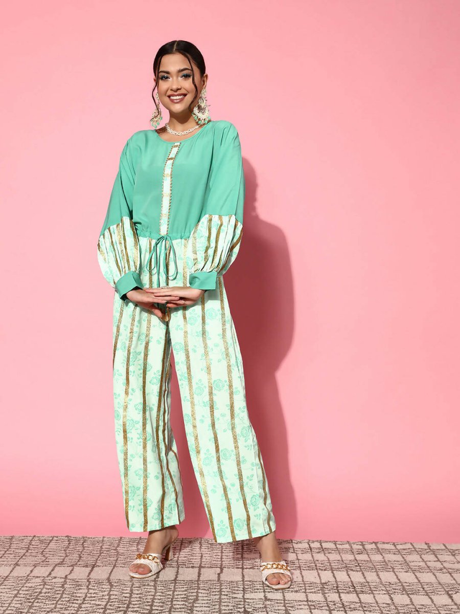Ahalyaa Women Gorgeous Green Printed Once Upon a Sleeve Jumpsuit | Grocsy
