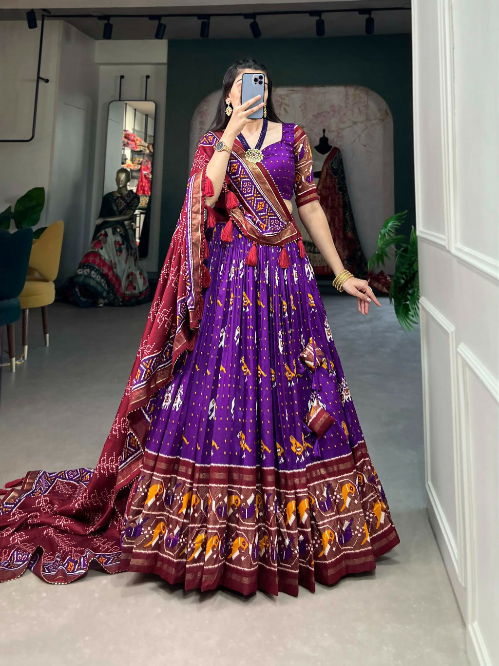 Vastranavya Traditional Ikkat Patola Print Tussar Silk Lehenga Choli - Purple | Grocsy