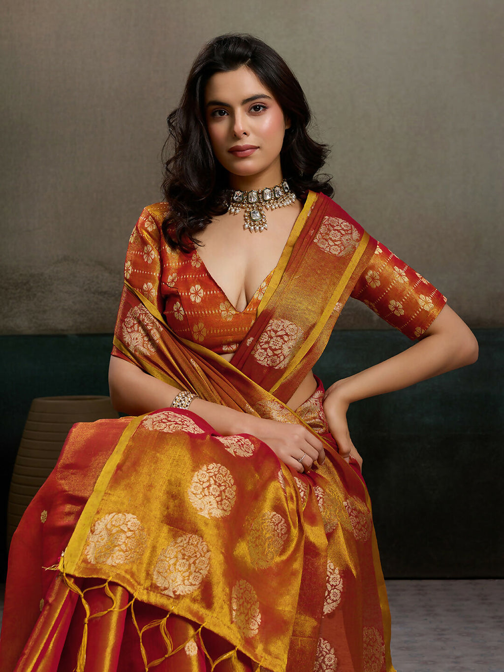 Shree Shyam Fashion Orange Tissue Silk Saree | Grocsy