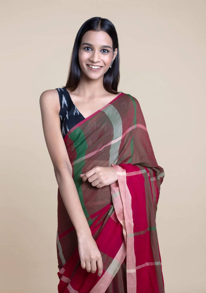 Suta Women Maroon Green Pure Handloom Cotton Saree | Grocsy