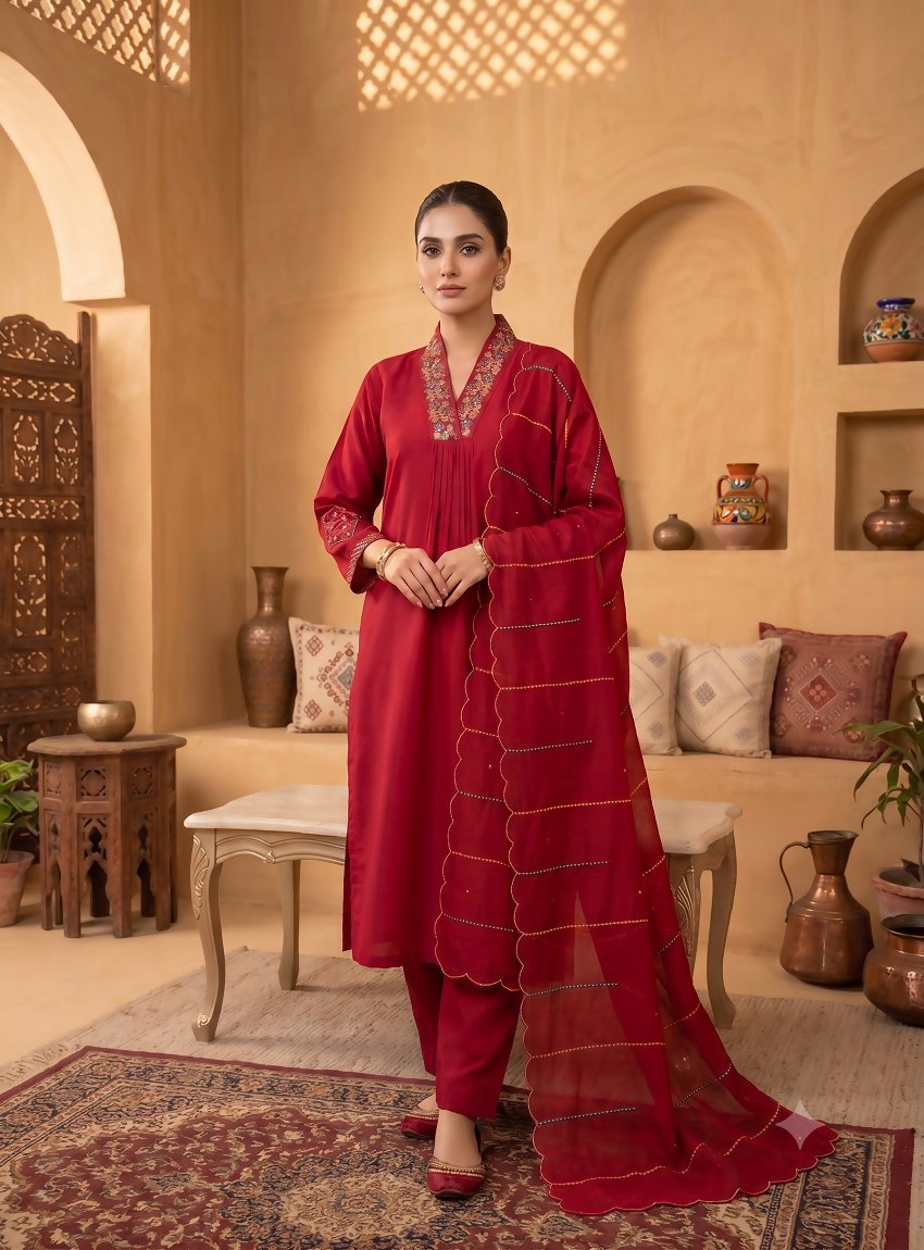 Teeya Creation Rani Pink Embroidered Silk Kurta Pant Set With Dupatta | Grocsy
