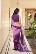 Vastranavya Lavender Weightless Marble Printed & Trim Lace Border Saree with Unstitched Blouse | Grocsy