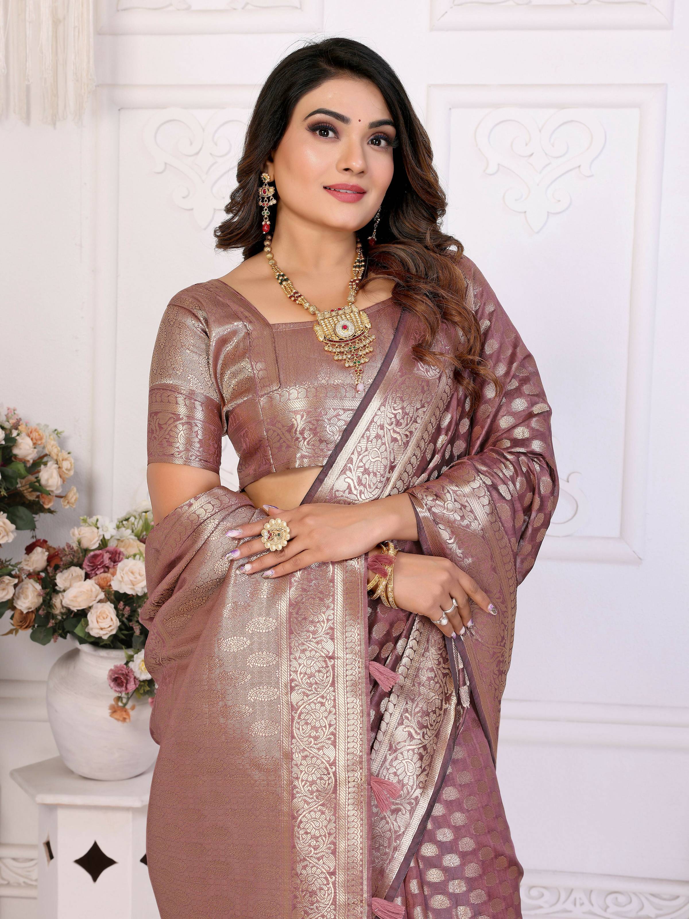 Aastha Fashion Dusty Rose Organza Silk Weaving Saree | Grocsy