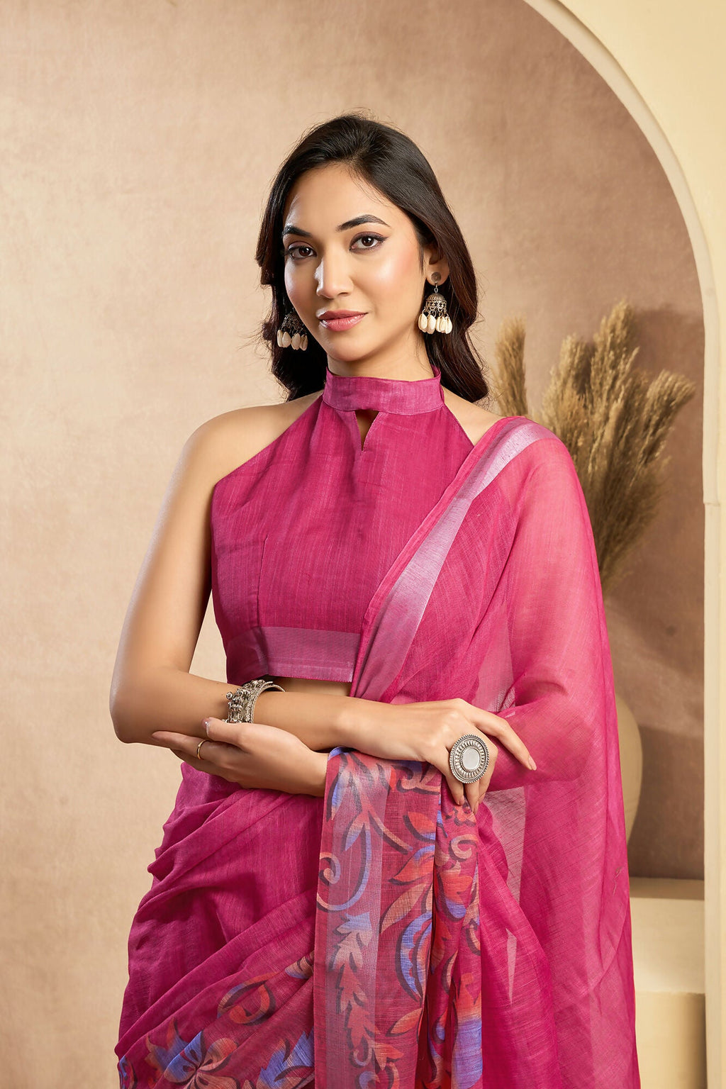 Vastranavya Pink Digital Printed Linen Ready To Wear Designer Saree with Unstitched Blouse | Grocsy