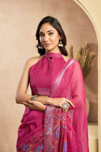 Vastranavya Pink Digital Printed Linen Ready To Wear Designer Saree with Unstitched Blouse | Grocsy