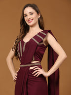 Maroon Polyester Solid Ready to Wear Saree with stitched Blouse - Nita | Grocsy