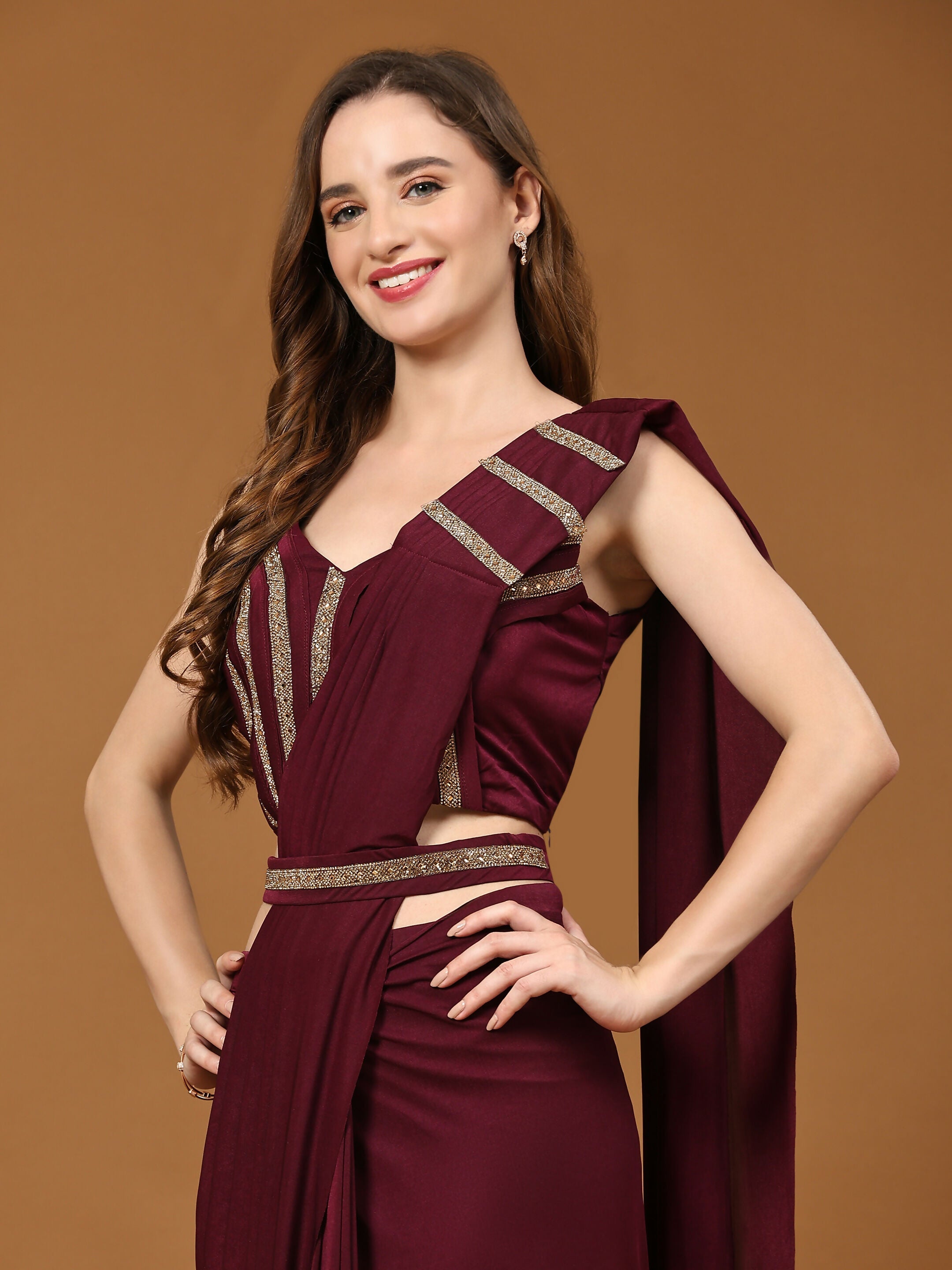 Maroon Polyester Solid Ready to Wear Saree with stitched Blouse - Nita | Grocsy