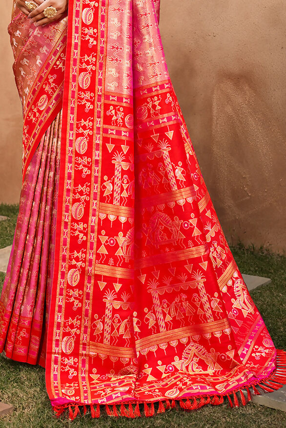 Sangam Prints Red Kanjivaram Silk Woven Work Traditional Saree | Grocsy